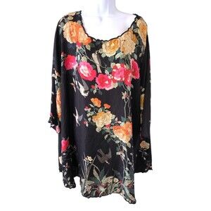Johnny Was Charlotte Rose Scalloped Silk Tunic Size ? Women Boho V Neck Birds